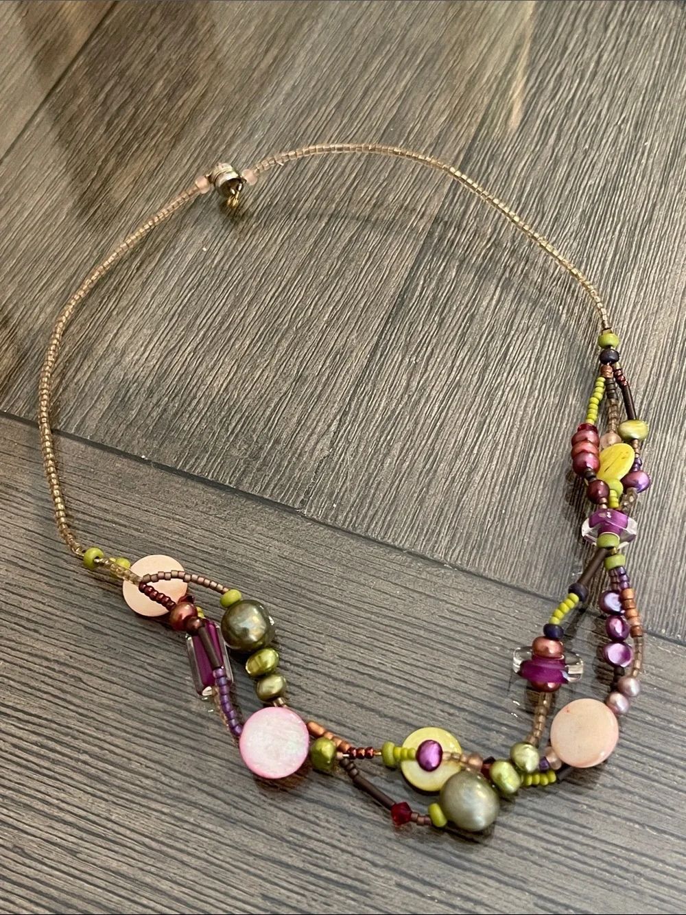 Vintage Style Artisan Bohemian Beaded Necklace w/ Pearls & Mother of Pearl Discs